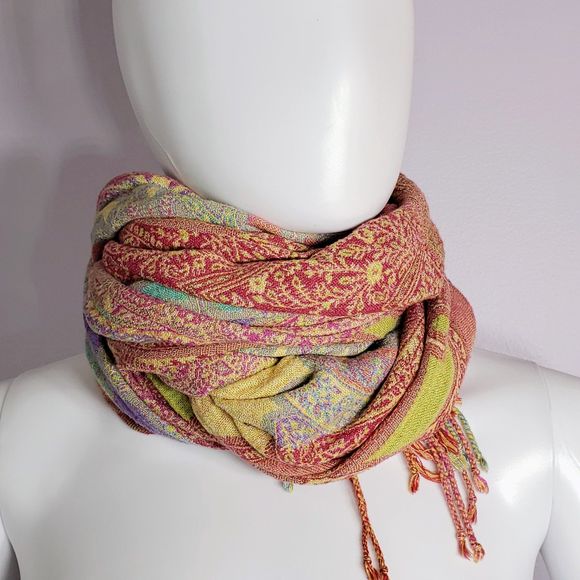 Very Colorful & Versatile Paisley Print 71" x 17" Scarf with 2.5" Tassels - Picture 8 of 16